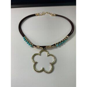 Handmade 16.5” Choker with Gold Wire, Cowhide Leather, Turquoise Beads